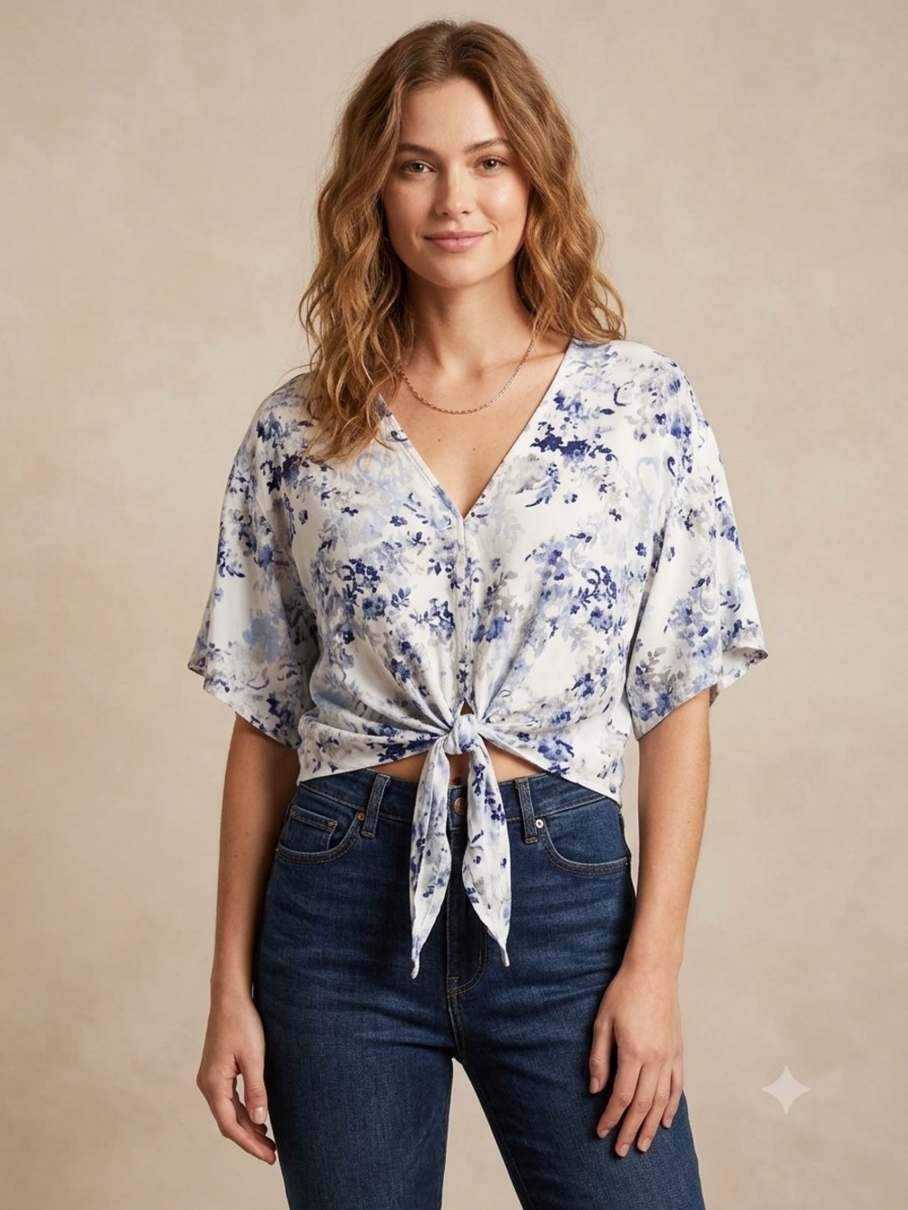 lovestitch White and Blue Floral Tie-Front V-Neck Top